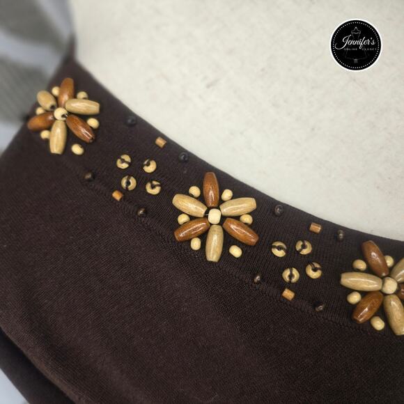 Cable & Gauge Brown Silk Blend Wood Bead V Neck 3/4 Sleeve Sweater Size Medium - Picture 6 of 10